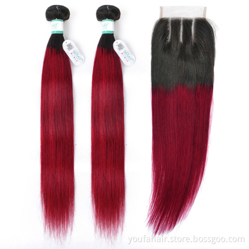 Wholesale Price Brazilian Virgin Human Hair Colorful Ombre 1b/burgundy Hair Bundles Wine Red Remy Hair Extension with Closure